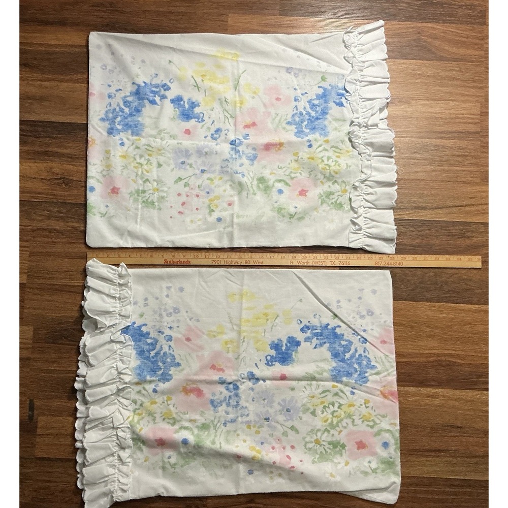 Pair Of Vtg Sears Percale Pillowcase Water Colors & Ruffles Standard Size